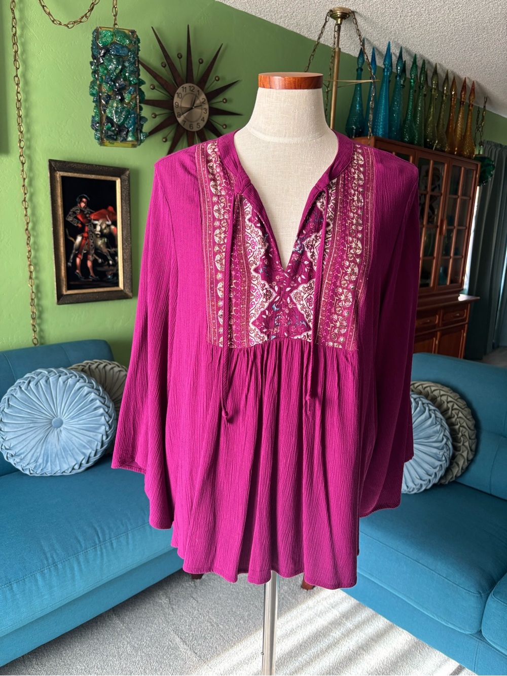 Boho Embroidered Peasant Tunic - Magenta
